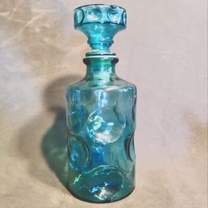 Mid-century MCM inverted bubble turquoise mold blown glass bottle decanter